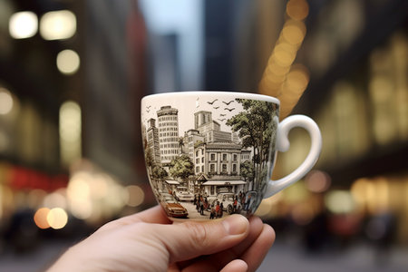 Mug of coffee in the hand with a picture of the cityの素材
