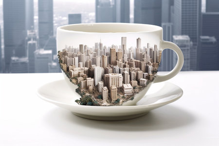 Cup of coffee with city on the background. 3d renderingの素材