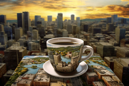 Cup of coffee on the background of the city. Collage.の素材