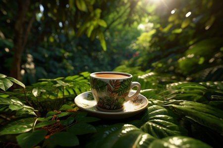 Coffee cup in the garden with sunlight and green leaves.の素材