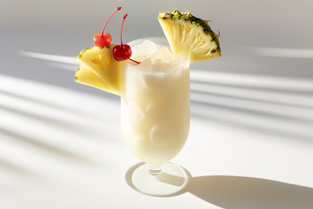 Pina colada cocktail with pineapple and cherry on a white backgroundの素材