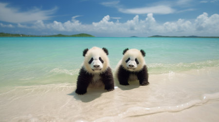 Two giant panda cubs playing on the beach in Thailand.の素材