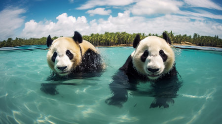 Two pandas swimming in the sea, Bali island, Indonesiaの素材