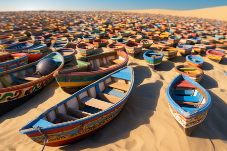 Colorful wooden boats on the sand in the Sahara desert, Moroccoの素材