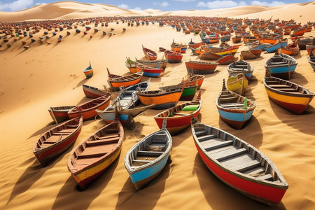 Colorful wooden boats in the Sahara desert, Morocco, Africa.の素材