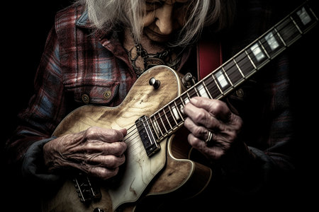 Old woman playing the electric guitar on a dark background. Toned.の素材