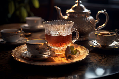 Cup of tea with teapot and saucer on the tableの素材