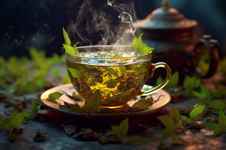 Green tea in a cup on a saucer and teapotの素材