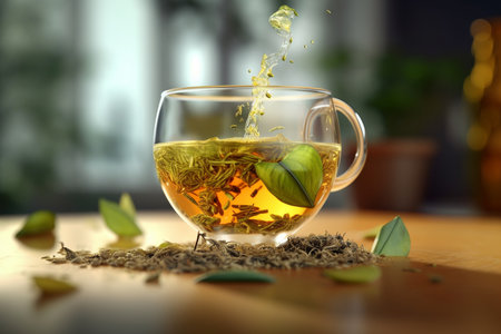 Cup of green tea with leaves on wooden table, closeupの素材