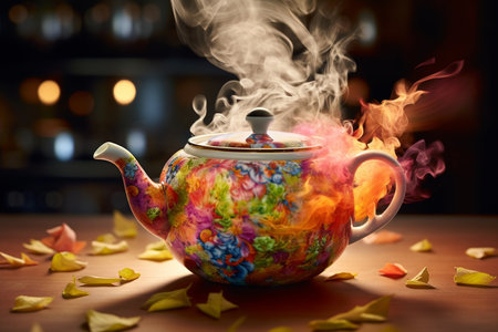 Tea pot on the wooden table in the dark with smoke and rose petalsの素材
