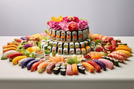 Sushi set on a white plate. Sushi rolls with salmon, tuna, caviar, caviar, caviar, avocado, cucumber, cream cheese.の素材