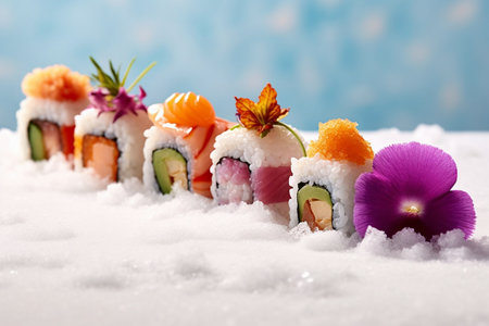Set of delicious sushi rolls on snow against blurred background, closeupの素材