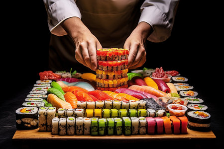 Japanese cuisine, sushi and rolls on a wooden plate. Chef in a white apron decorates sushi rolls on a black backgroundの素材