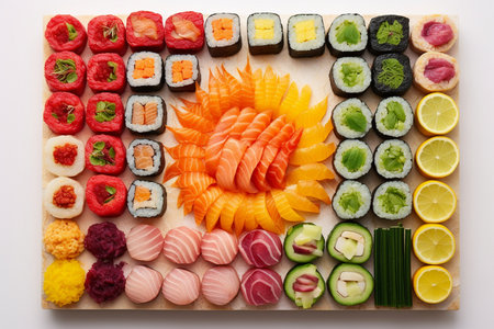 Sushi set on a white background. Sushi rolls with salmon, tuna, shrimp, caviar, avocado, cucumber, wasabi, ginger and wasabiの素材