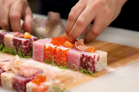 Closeup of a chef preparing a sushi roll in a restaurant kitchenの素材