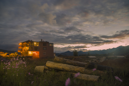 Light up building in an open fieldのeditorial素材