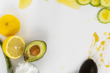 Top down view of fresh aloe vera honey avocado lemon and coconut oil Skin careの写真素材