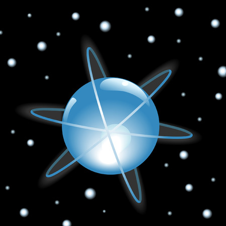 Orbits around a glowing blue Sphere in outer space, on a starfield. Illustrationのイラスト素材