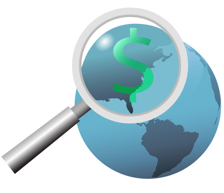 A magnifying glass search for the dollar in America. Buy, sell, find money in the USA.のイラスト素材