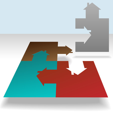 A jigsaw puzzle of a homes, each piece a house. Solve the real estate puzzle.のイラスト素材