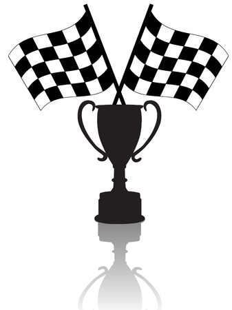 Silhouettes of Crossed checkered flags & a victory trophy cup, symbols of winning. With reflection.のイラスト素材