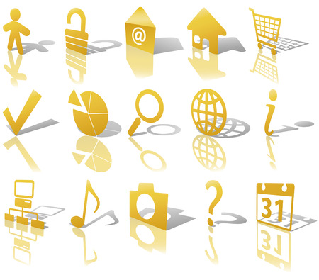 Gold Angled Icon Symbol Set: Globe Security Question Email People, etc. On white with shadows & reflections.のイラスト素材