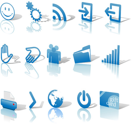 Blue Angled Icon Symbol Set 2: Printer; Gears; Chart; Earth; People; RSS; etc. On white with shadows & reflectionのイラスト素材