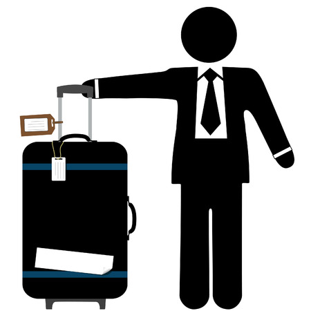A business man traveler with a black suitcase, pull handle up, and copyspace on luggage tags and sticker tape.のイラスト素材