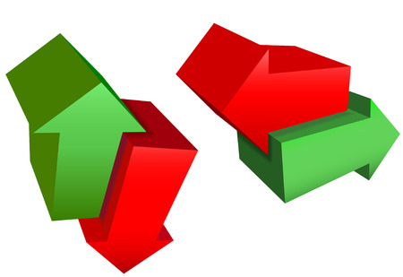 A set of red and green 3D arrow icon symbols point in right, left, up, down, north, south, east, and west directions.のイラスト素材