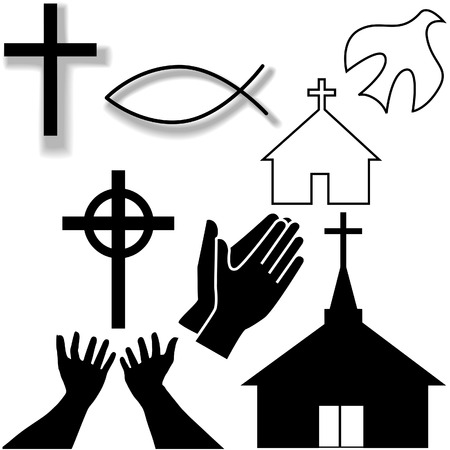 Churches, crosses, holy spirit dove, fish symbol, hands praying and in supplication, as a Christian Symbol Icons Set.のイラスト素材