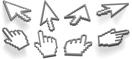 Computer interface hand cursor and arrow cursor in different 3D angle variations, 2 float, 2 with drop shadows.のイラスト素材