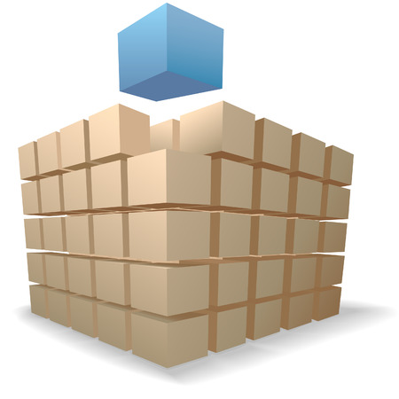 An abstract blue cube rises up from stacks of puzzle boxes or cartons on a shadow on white.のイラスト素材