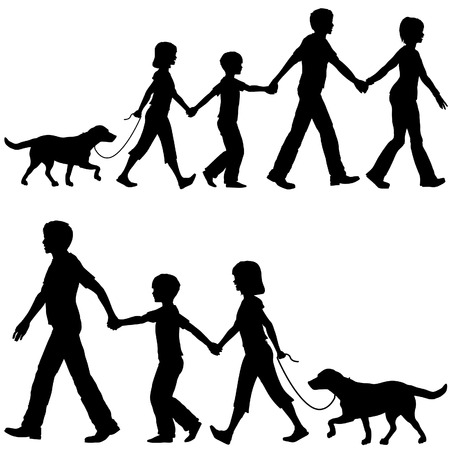 On the Go mom or dad leads family kids and dog on walk shopping home or wherever.のイラスト素材