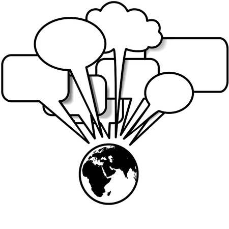 The whole wide world is blogging, twittering or just plain talking about your words in speech bubble copyspace over Earth - Eastern Hemisphere.のイラスト素材