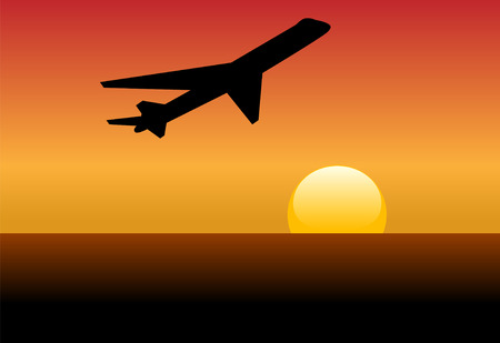 An airline jet silhouette takes off and climbs into a sunset or dawn.のイラスト素材