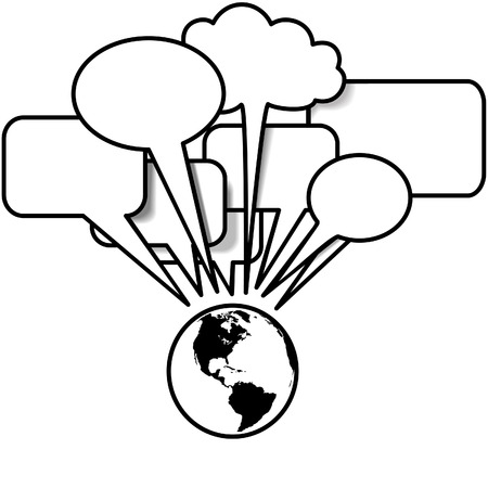 The whole wide world is blogging, twittering or just plain talking about your words in speech bubble copyspace over Earth - Western Hemisphere.のイラスト素材