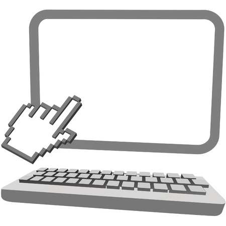A hand cursor clicks on a 3D desktop computer monitor copyspace over a keyboard.のイラスト素材