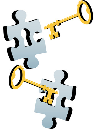 A gold or brass key to find a solution to a lock as a jigsaw puzzle piece.のイラスト素材
