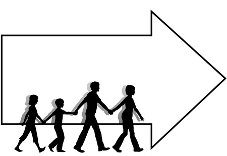 On the go mom leads dad family kids who walk to follow a copyspace arrow which leads to a sale or other event.のイラスト素材