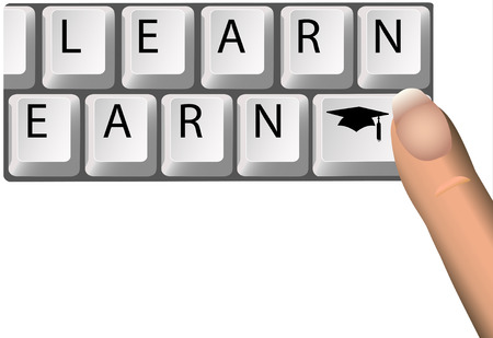LEARN to EARN keys on a Computer Keyboard spell the value of Education and Graduation to grads earning income.のイラスト素材