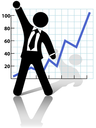 A business man symbol raises his fist in celebration of success against a chart of growth or profit.のイラスト素材