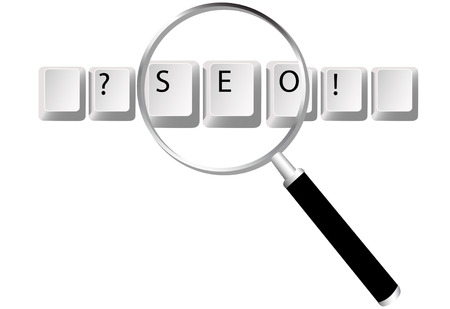 Easy to edit to create your design. Keyboard key symbols for Search Engine Optimized text and website searches magnified by magnifying glass.のイラスト素材