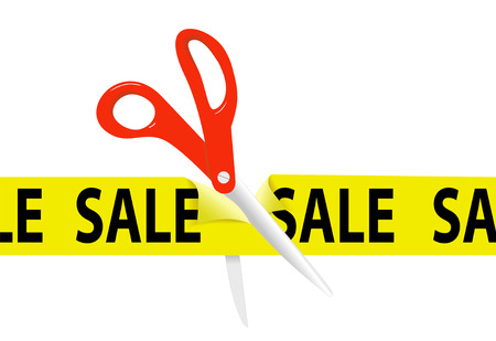 A pair of orange scissors cut a bright yellow SALE ribbon tape to open a sale at a retail store or website.のイラスト素材