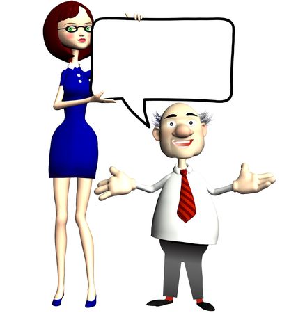 A cartoon Secretary holds up a blank copyspace speech bubble for her businessman boss to talk business.の写真素材
