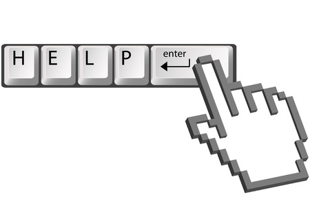 A hand cursor presses computer keyboard key to enter HELP request.のイラスト素材