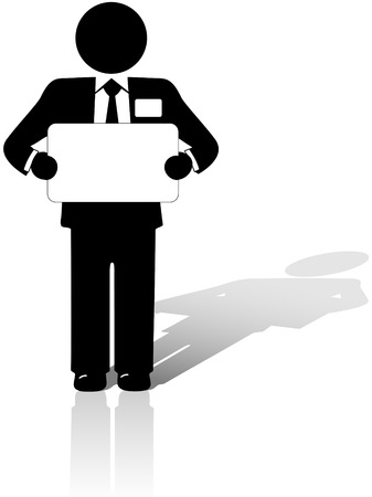 A Business Man in a suit with a name tag holds a blank copyspace meeting sign.のイラスト素材