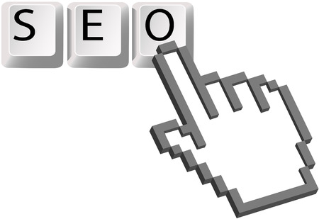 A Hand pixel cursor clicks on the SEO keys for a Search Engine Optimized search.のイラスト素材