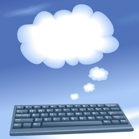 Cloud computing speech bubble clouds rise into a blue sky from an internet computer keyboard.のイラスト素材