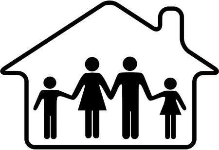 A family of parents and children are safe inside a rounded home symbol.のイラスト素材