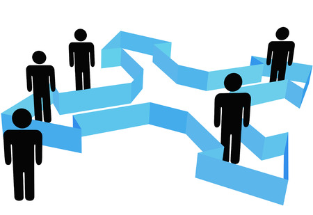 A group or team of Symbol People in organization arrows that point outward in new directions for a company or system.のイラスト素材